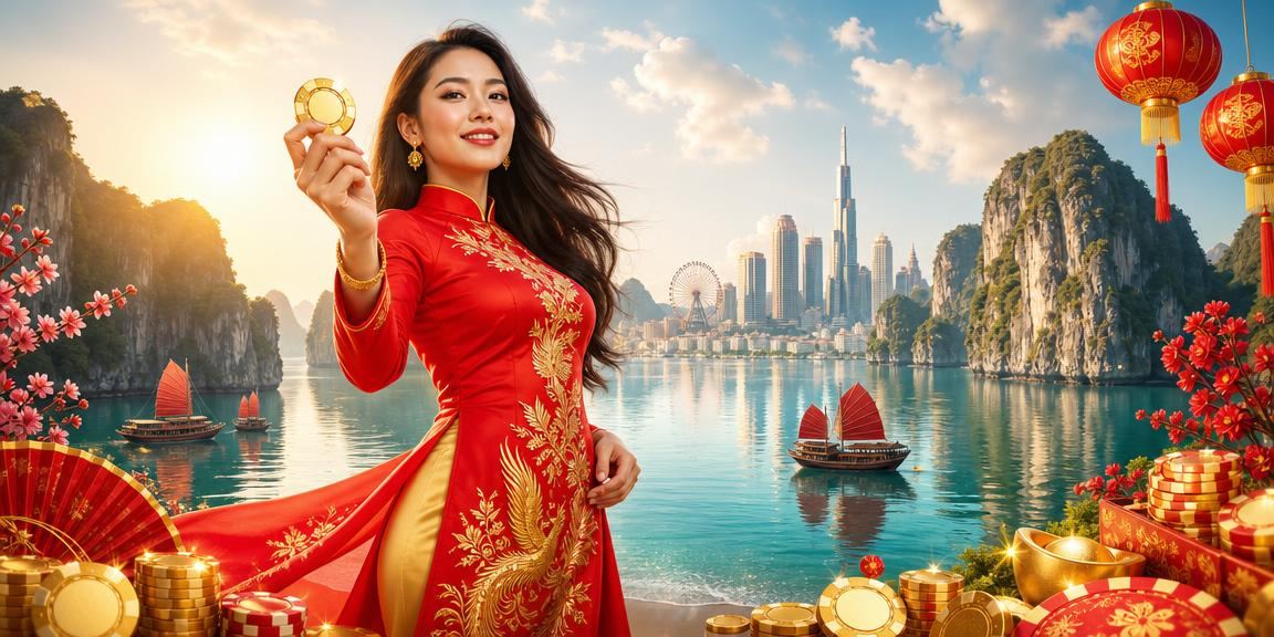 Phụ nữ mặc áo dài trải nghiệm casino trực tuyến với cảnh Vịnh Hạ Long